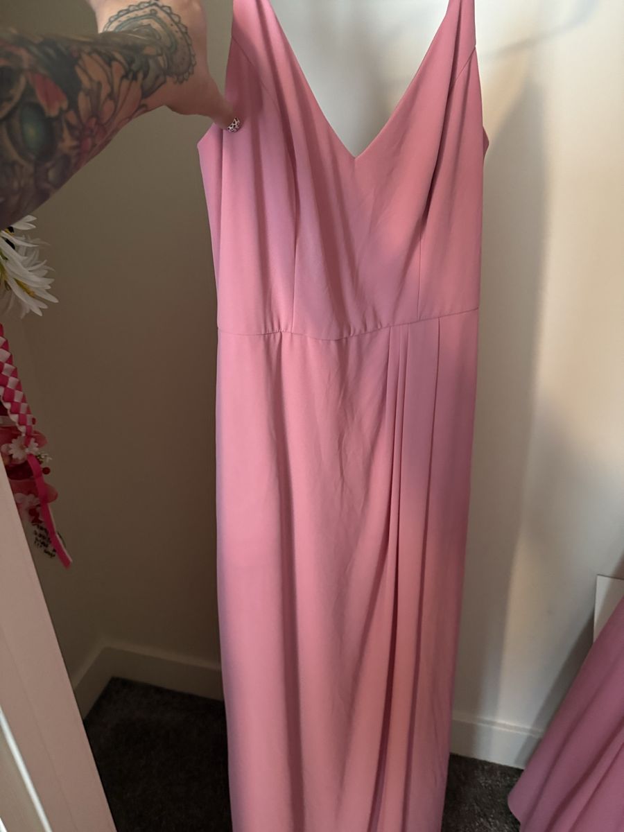 David's Bridal Rose Pink Bridesmaid Dress Size 10 - V-Neck, Back Tie Detail