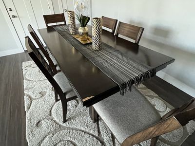 Dark Wood Dining Table Set with 6 Chairs - Modern Style, Great Condition