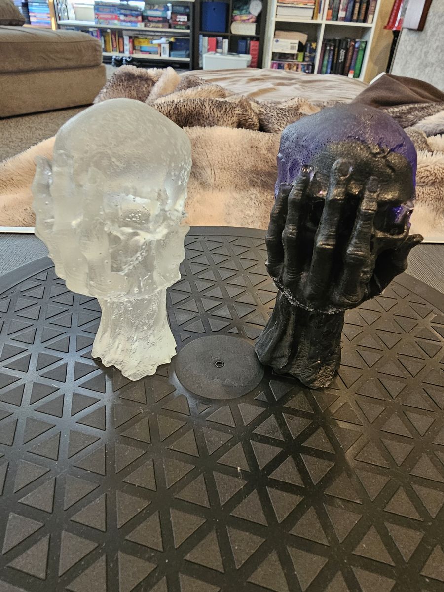 Handcrafted Resin Skull Sculptures - Clear and Black/Purple Pair