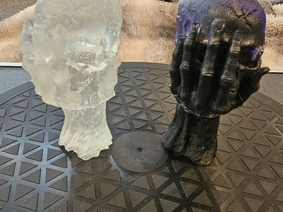 Handcrafted Resin Skull Sculptures - Clear and Black/Purple Pair