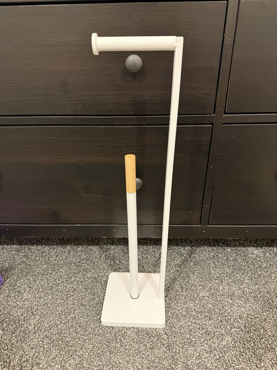 Freestanding Toilet Paper Holder with Storage, White Metal & Wood, Modern Design