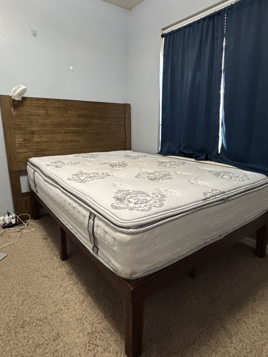 Wooden Bed Frame with Headboard and Mattress