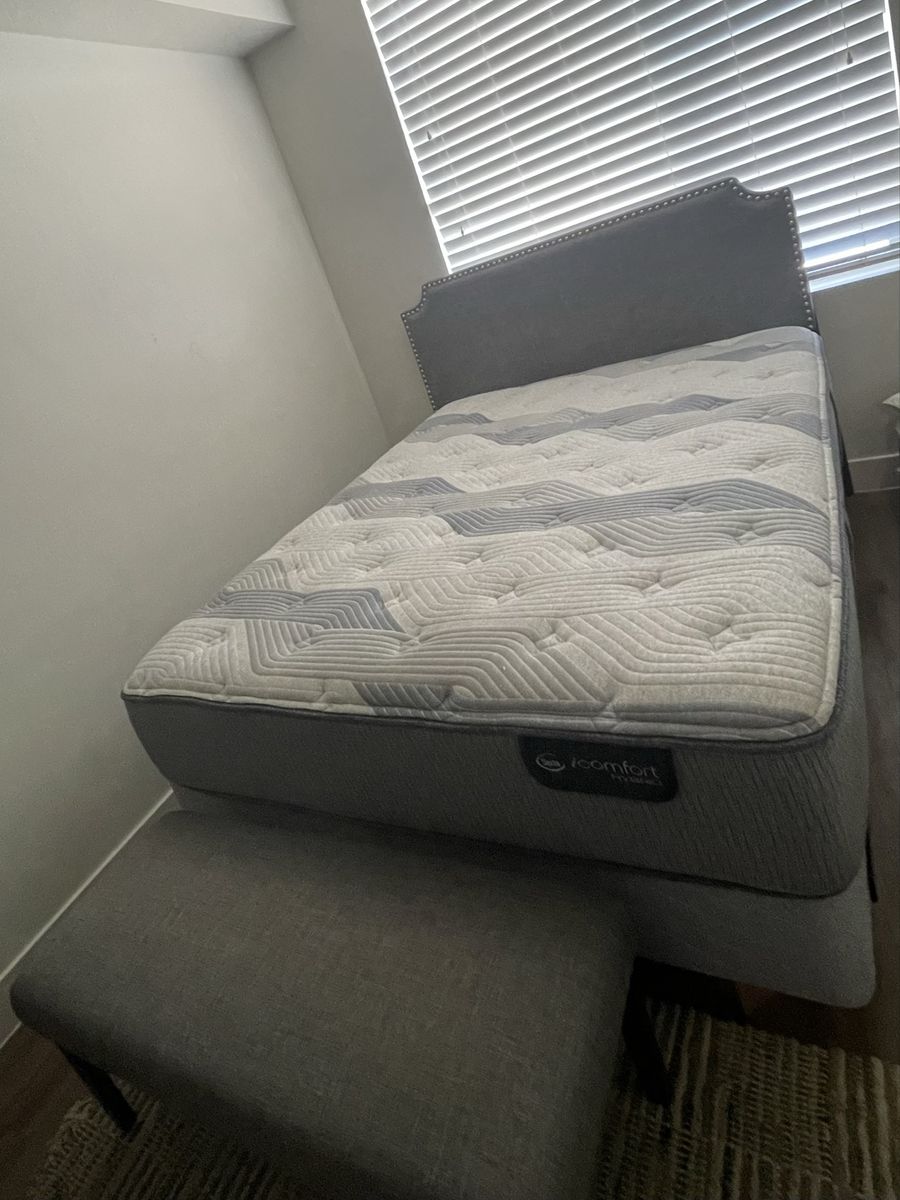 Complete Queen Bed Set — Mattress, Box Spring, Bed Frame, Headboard & Bench