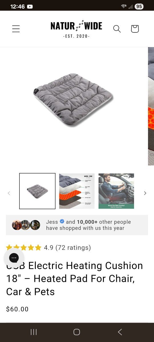 Natur.Wide 18" USB to usb-C Powered Electric Heating Cushion Heated Pad for Chair, Car, & Pets - Gray