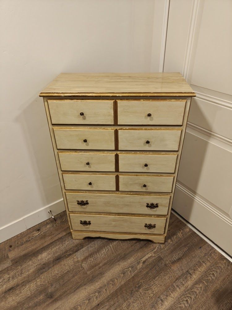 Vintage mid century tallboy dresser 6 drawer cream and gold