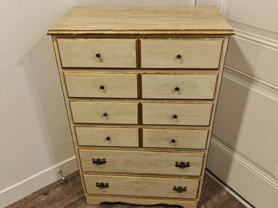 Vintage mid century tallboy dresser 6 drawer cream and gold