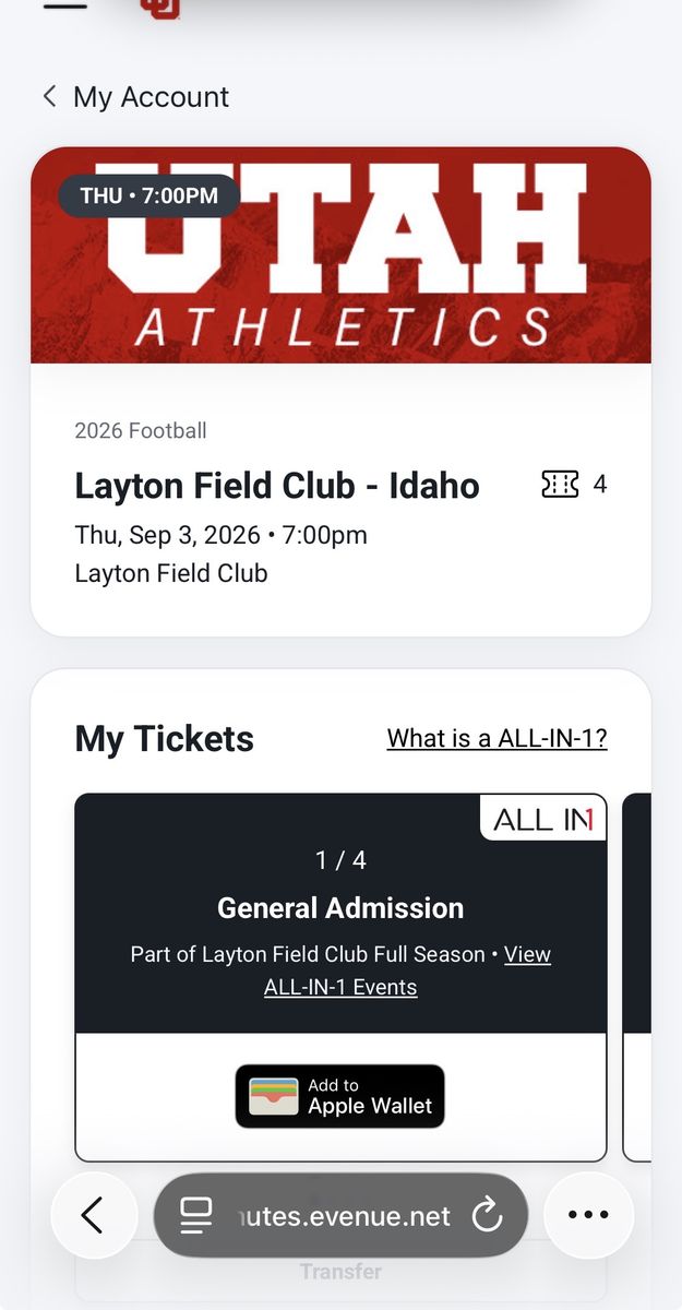 4 Layton Field Club Pass for September 3, 2026 vs Idaho