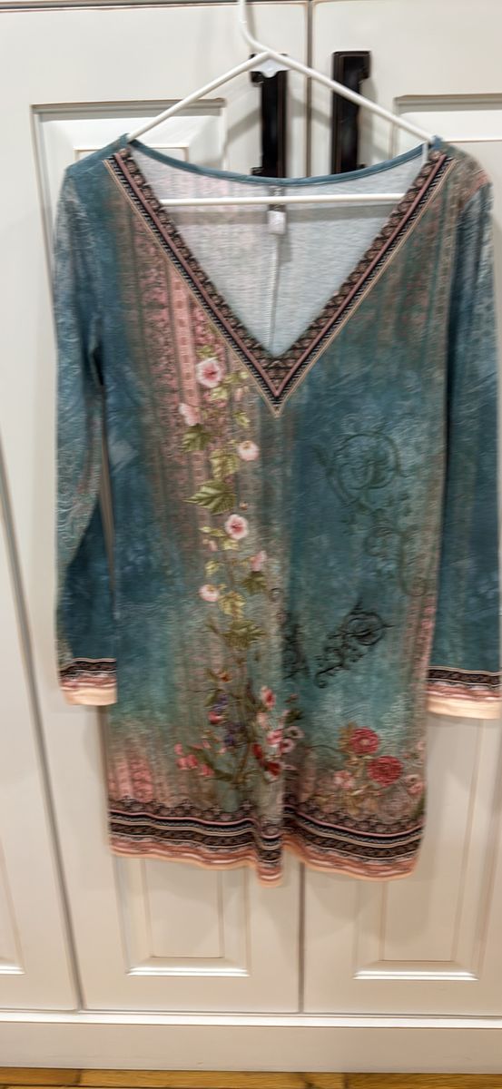 Floral Teal V-Neck Long Sleeve Tunic Dress