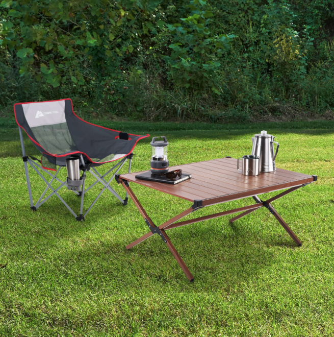 Brand new Ozark Trail Aluminum Roll-Top Camping Table, Dark Brown.