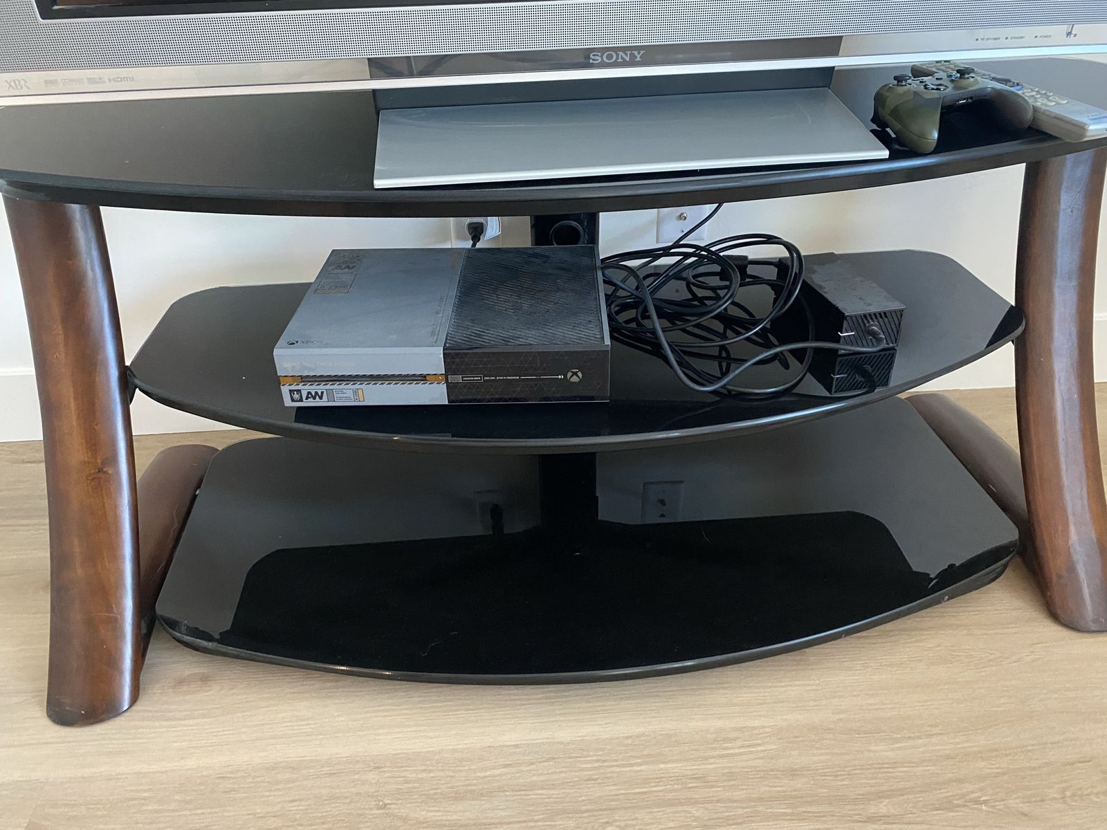Glass TV Stand with Wood Accents - 3-Tier