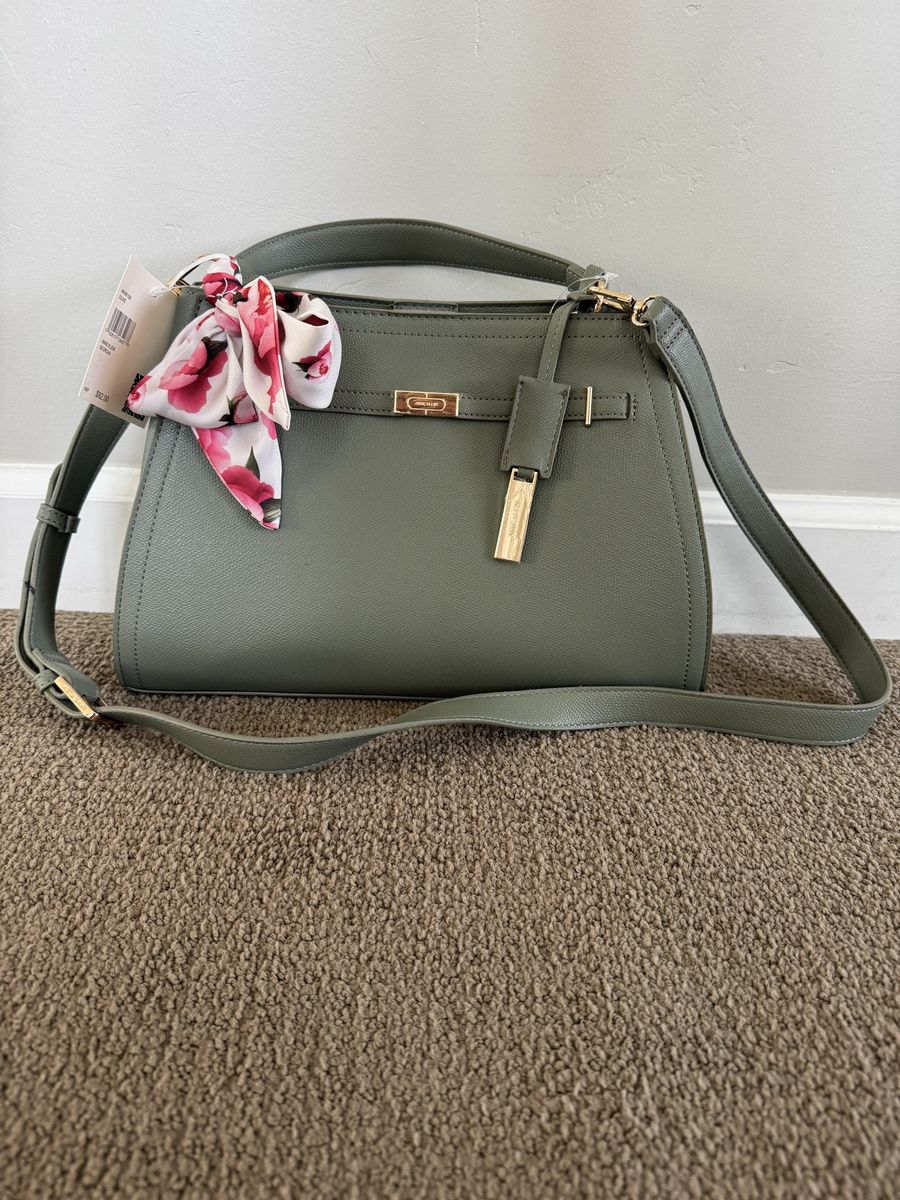 Anne Klein New Army Green Top Handle Satchel Handbag with Floral Scarf, Gold Hardware