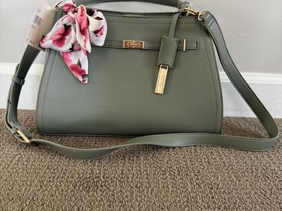 Anne Klein New Army Green Top Handle Satchel Handbag with Floral Scarf, Gold Hardware