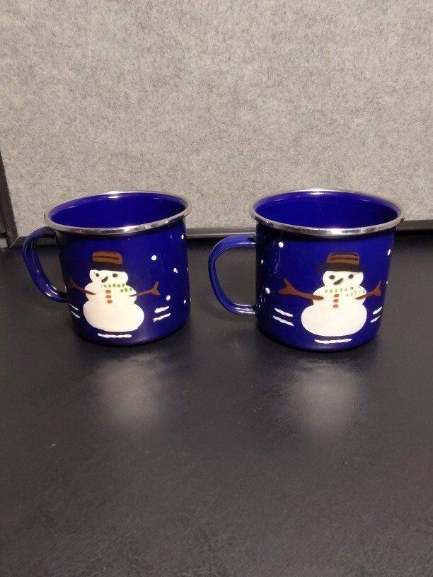 2 Blue Enamel Snowman Mugs - Denise S.Harvey 1997