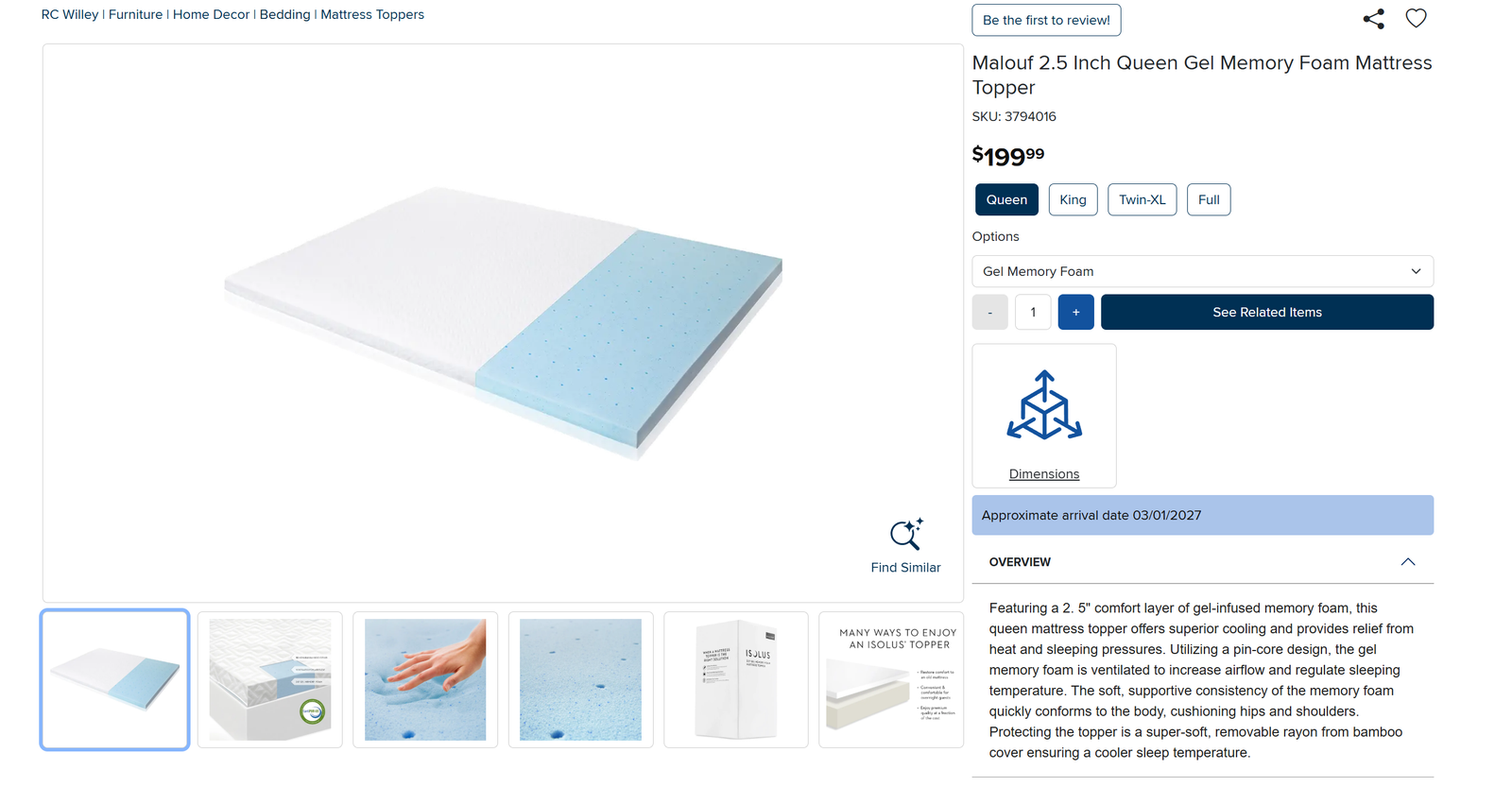 Malouf 2.5 Inch Queen Gel Memory Foam Mattress Topper