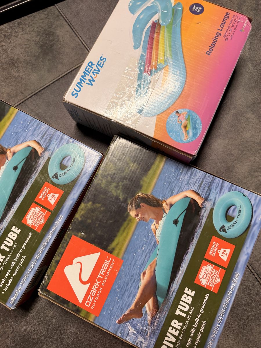 Inflatable Water Floats Lot: 2 Ozark Trail River Tubes & 1 Summer Waves Lounge