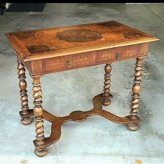 Vintage Hand-Carved Wood Accent Table / Desk with Two Drawers - Intricate Inlay Design