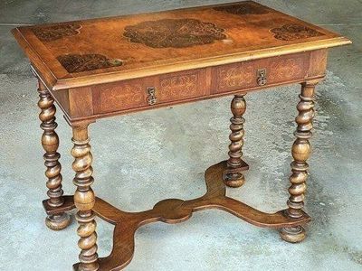 Vintage Hand-Carved Wood Accent Table / Desk with Two Drawers - Intricate Inlay Design
