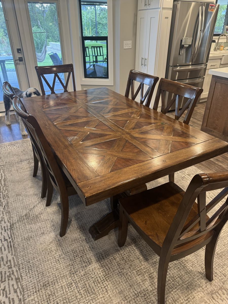 Solid Wood Dining Table + 9 Chairs + 2 Leaves