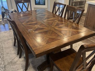 Solid Wood Dining Table + 9 Chairs + 2 Leaves