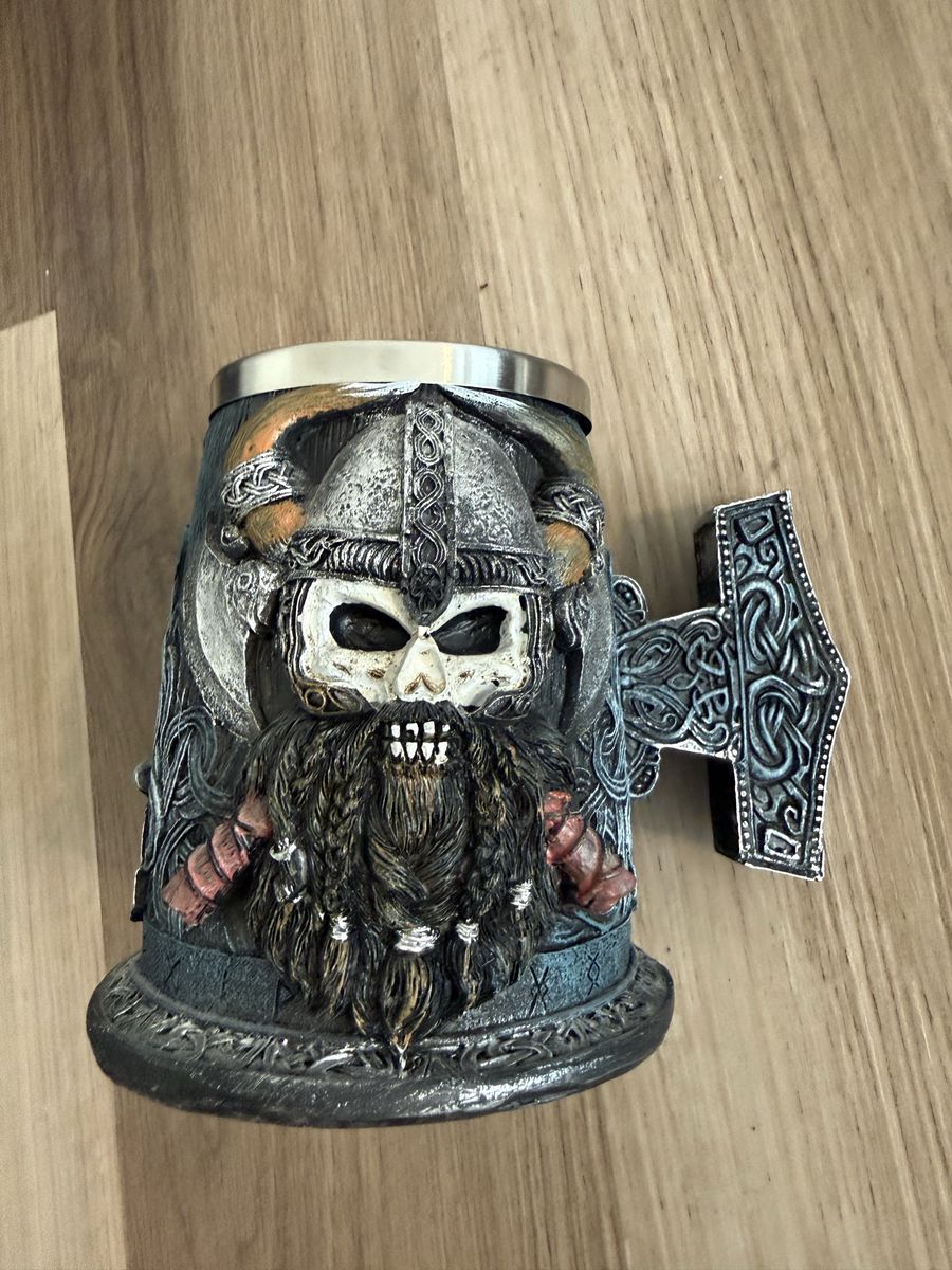 Viking Skull Beer Stein Mug with Thor's Hammer Handle - Novelty Mug
