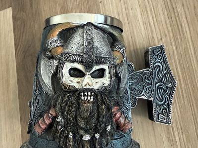 Viking Skull Beer Stein Mug with Thor's Hammer Handle - Novelty Mug