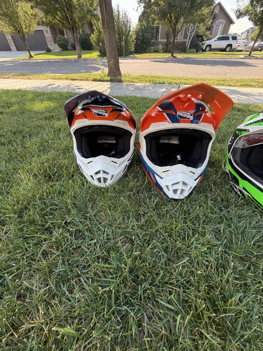 Set of 4 Off-Road Dirt Bike Helmets (MSR and Green/White Shields)