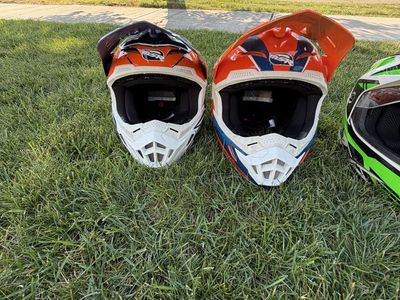 Set of 4 Off-Road Dirt Bike Helmets (MSR and Green/White Shields)