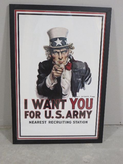 A GREAT VINTAGE FRAMED REPRODUCTION ARMY RECRUITING POSTER OF UNCLE SAM