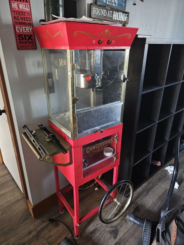 Red 'Concessions' Popcorn Machine on Cart - Vintage Style Popcorn Maker