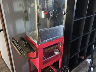 Red 'Concessions' Popcorn Machine on Cart - Vintage Style Popcorn Maker