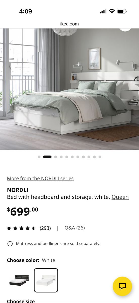 IKEA Nordli bed with headboard and storage. Mattress not included