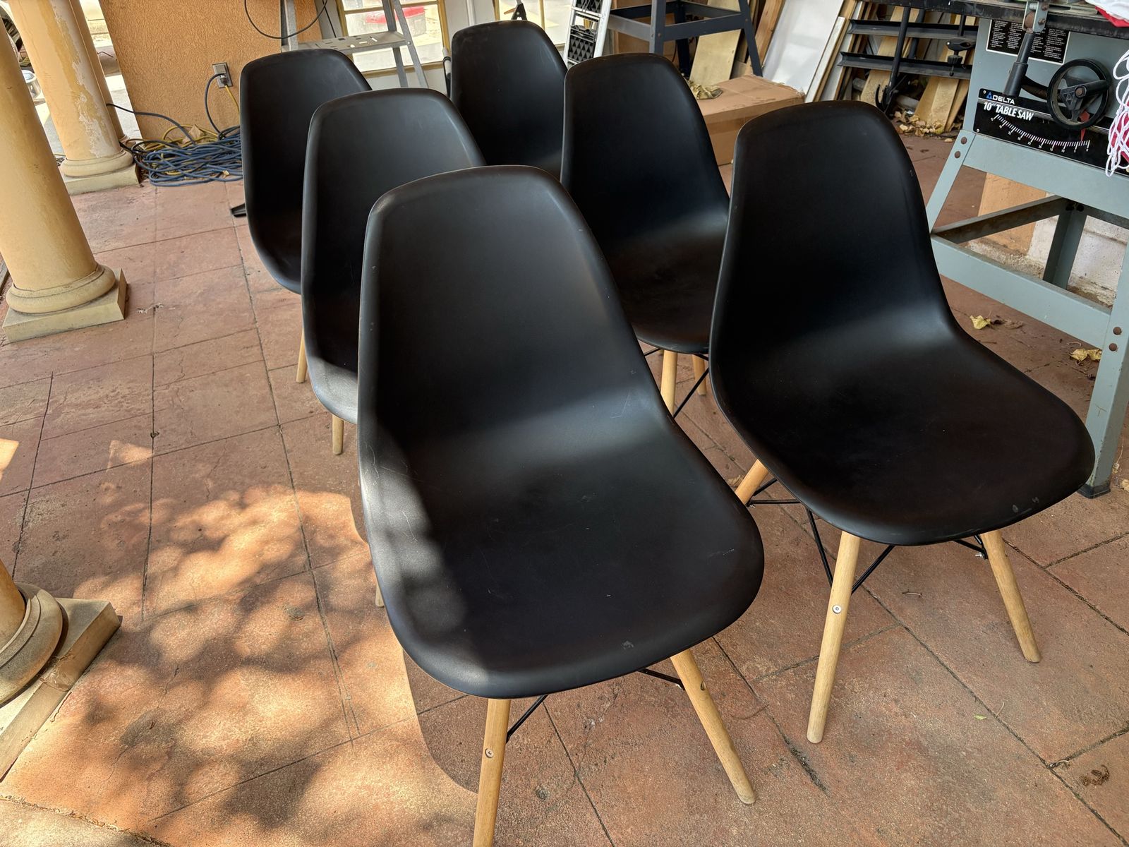 Set of 6 Black Plastic Chairs w/ Wood Legs