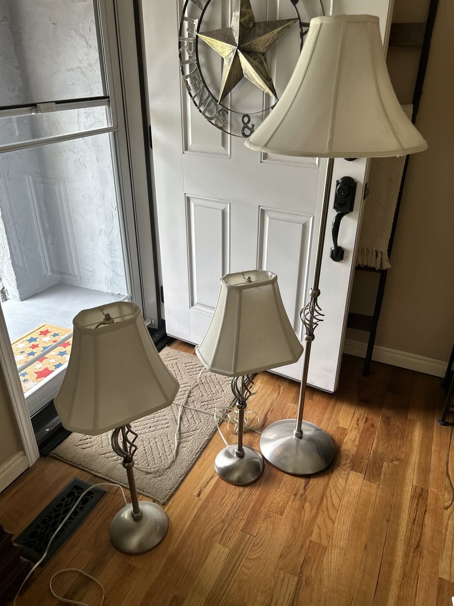 Set of 3 Brushed Silver Lamps: 2 Table Lamps & 1 Floor Lamp with Scrolled Accents, Beige Shades