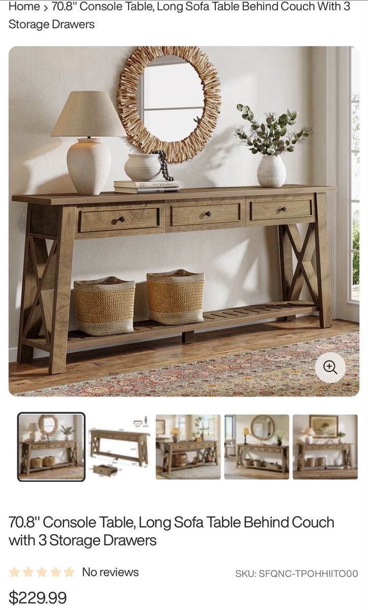 70.8" Console Table, Long Sofa Table with 3 Storage Drawers & X-Frame Sides