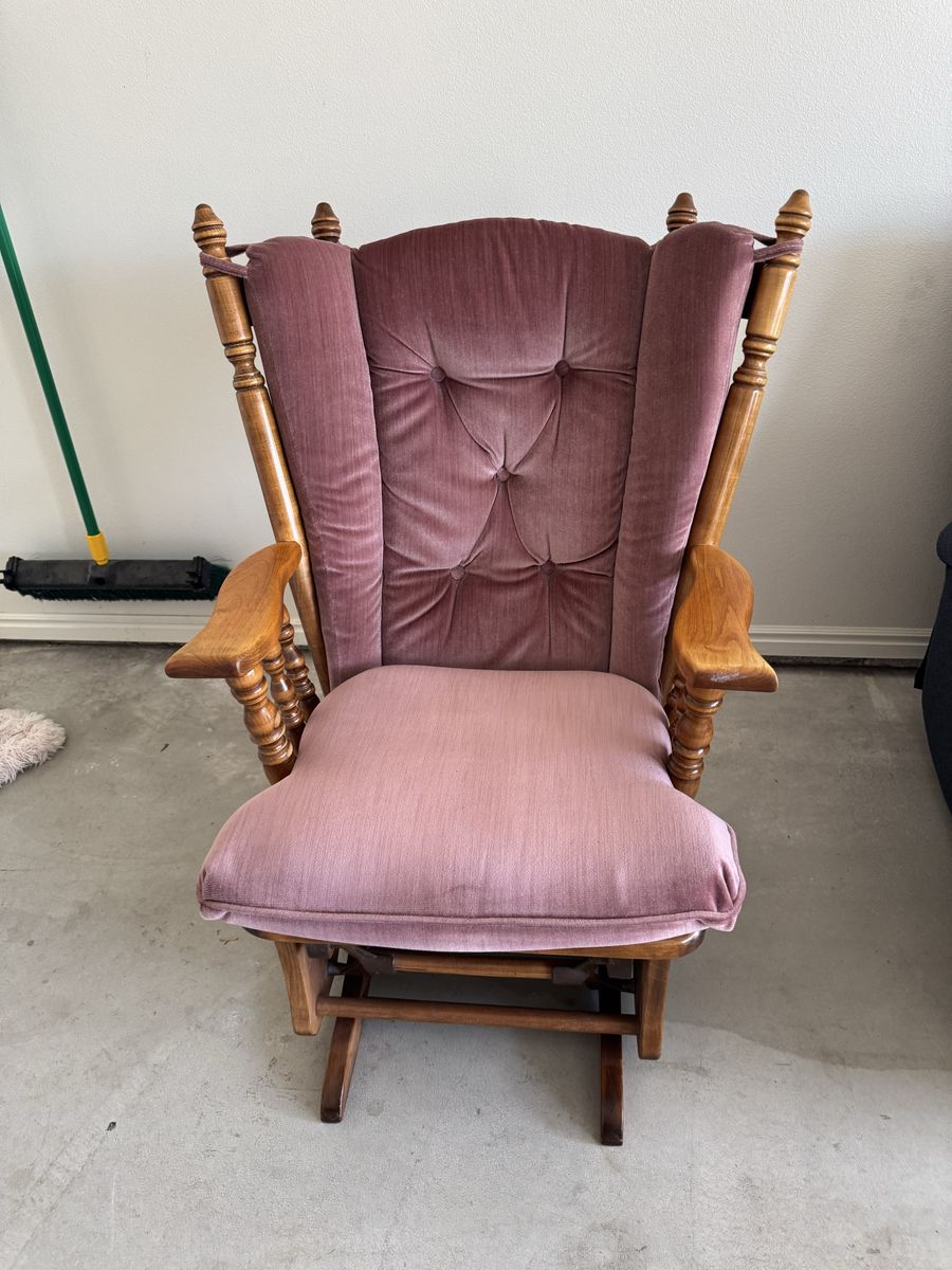 Vintage Wooden Glider Rocking Chair with Dusty Rose Velvet Cushions