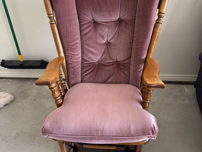 Vintage Wooden Glider Rocking Chair with Dusty Rose Velvet Cushions