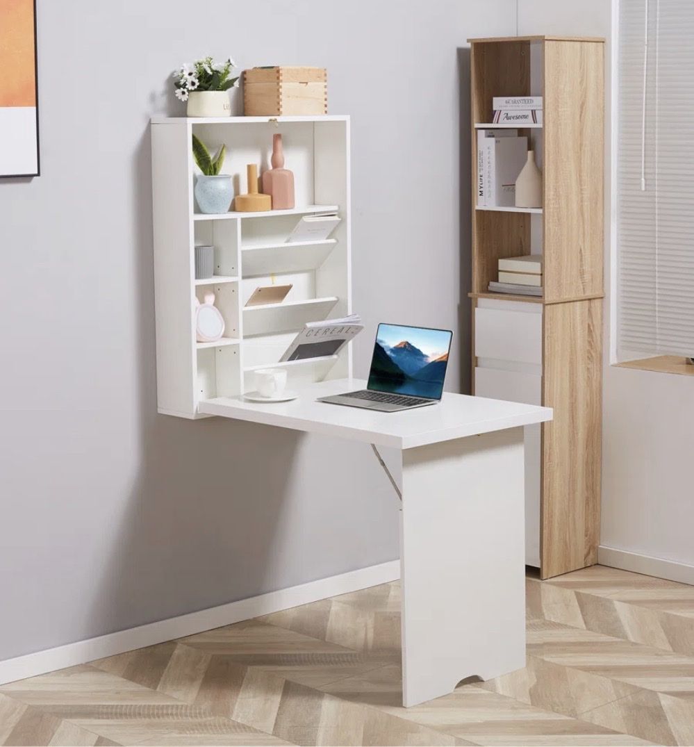 2 NEW IN BOX White Wall-Mounted Floating Fold-Down Desk with Shelves Storage 