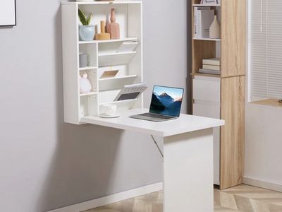 2 NEW IN BOX White Wall-Mounted Floating Fold-Down Desk with Shelves Storage