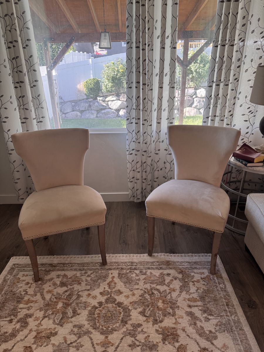 Pair of Beige Suede Dining Chairs with Nailhead Trim
