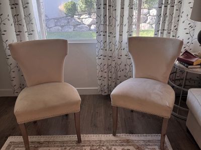 Pair of Beige Suede Dining Chairs with Nailhead Trim