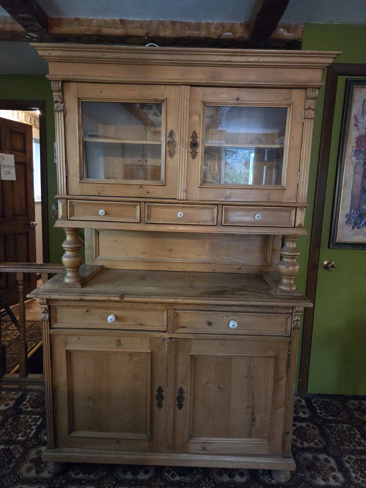 Vintage Pine Wood China Cabinet Hutch & Buffet