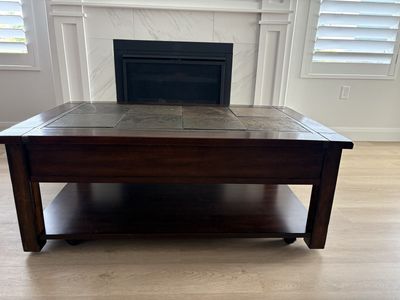 Dark Wood Lift-Top Coffee Table with Slate Tile Inlay