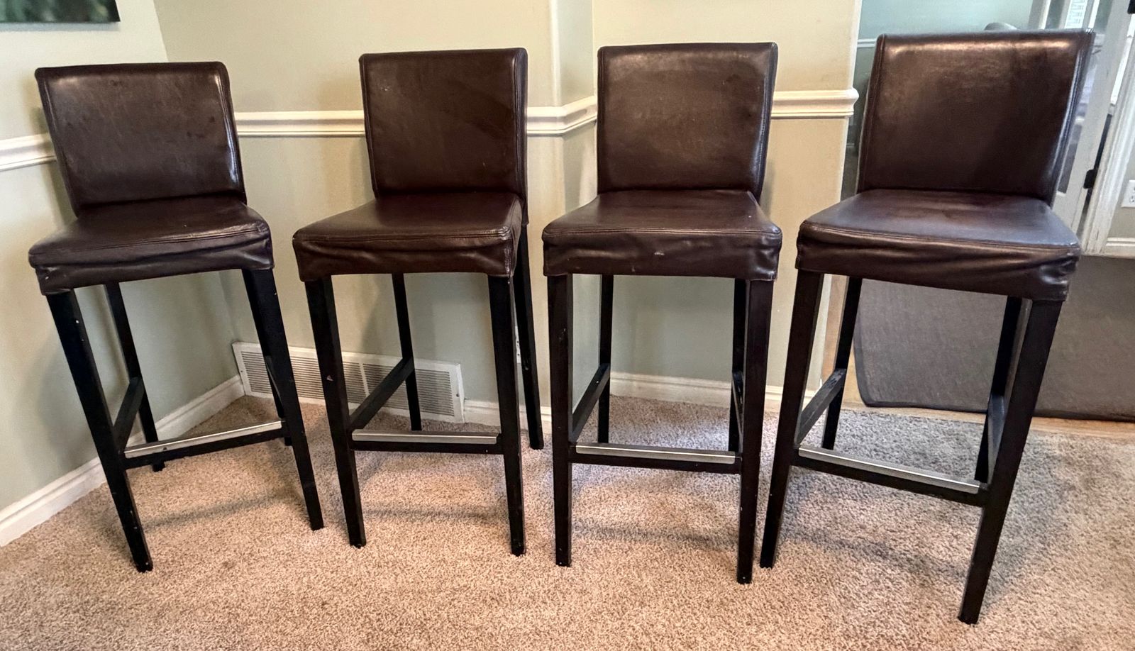 Bar stools - Set of 4, Brown Leather, Grey Fabric Covers Included.  $175 obo
