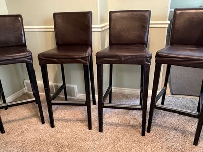 Bar stools - Set of 4, Brown Leather, Grey Fabric Covers Included. $175 obo