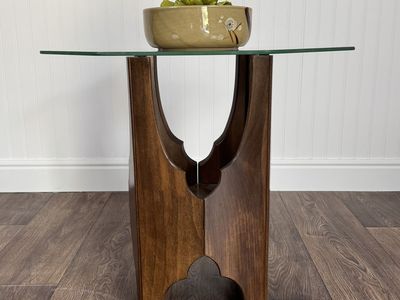 MCM Walnut Pedestal Side Table with Glass Top