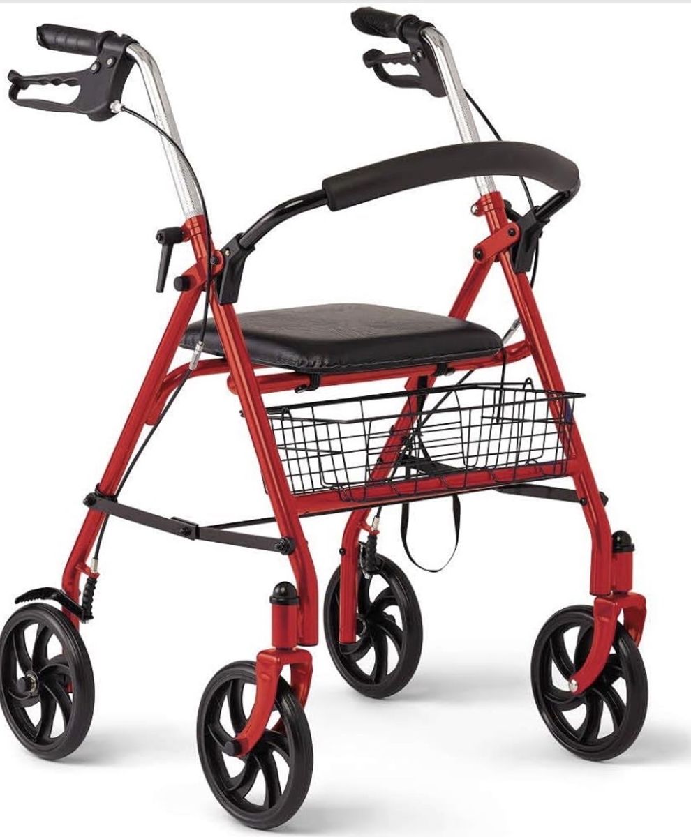 Medline Red Steel Rollator Walker - 8" Wheels, Folding, Adjustable Arms, 300 lbs Capacity