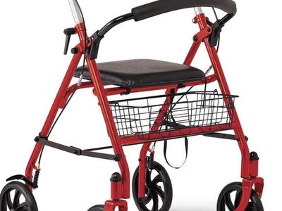 Medline Red Steel Rollator Walker - 8" Wheels, Folding, Adjustable Arms, 300 lbs Capacity