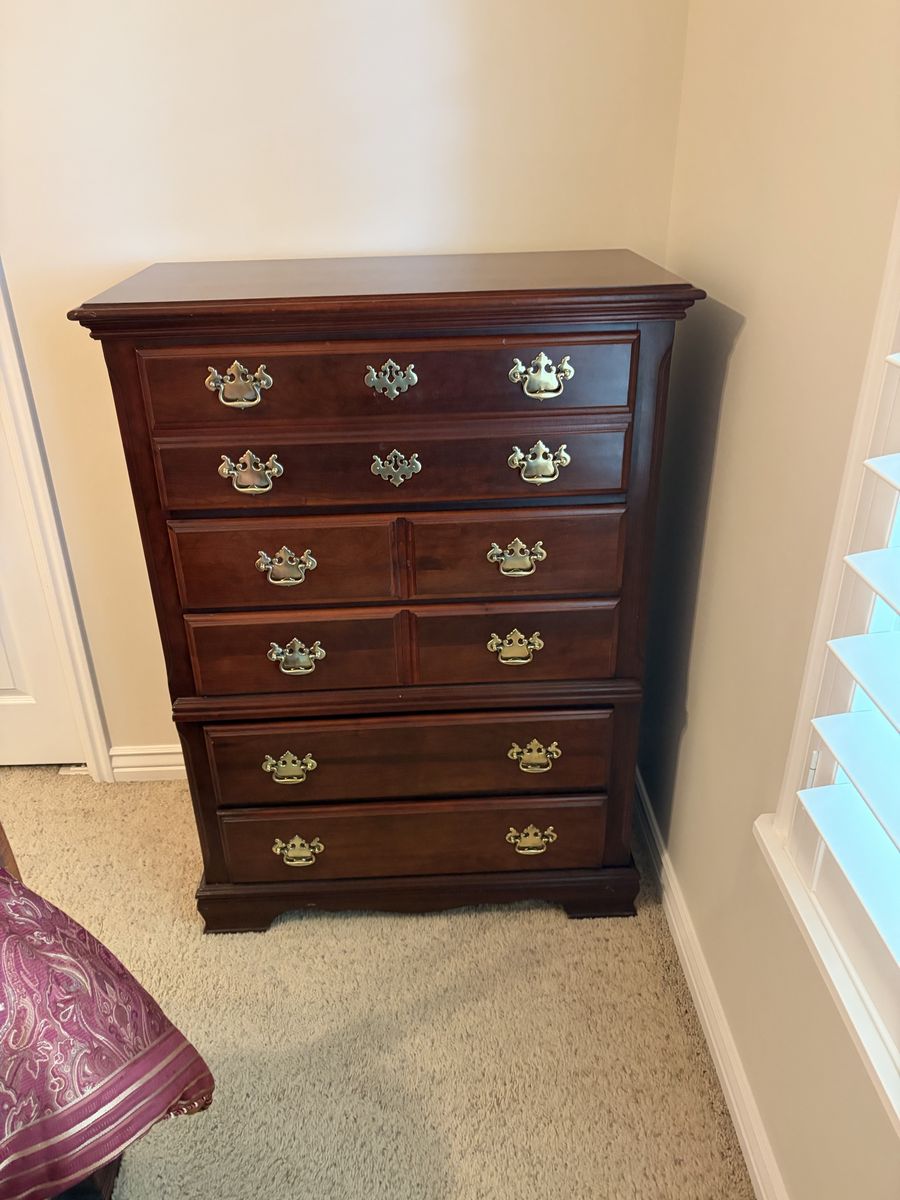 Traditional cherry Wood Bedroom Set with regular and Tall Dresser, Nightstand, and Bed Frame
