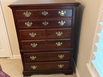 Traditional cherry Wood Bedroom Set with regular and Tall Dresser, Nightstand, and Bed Frame