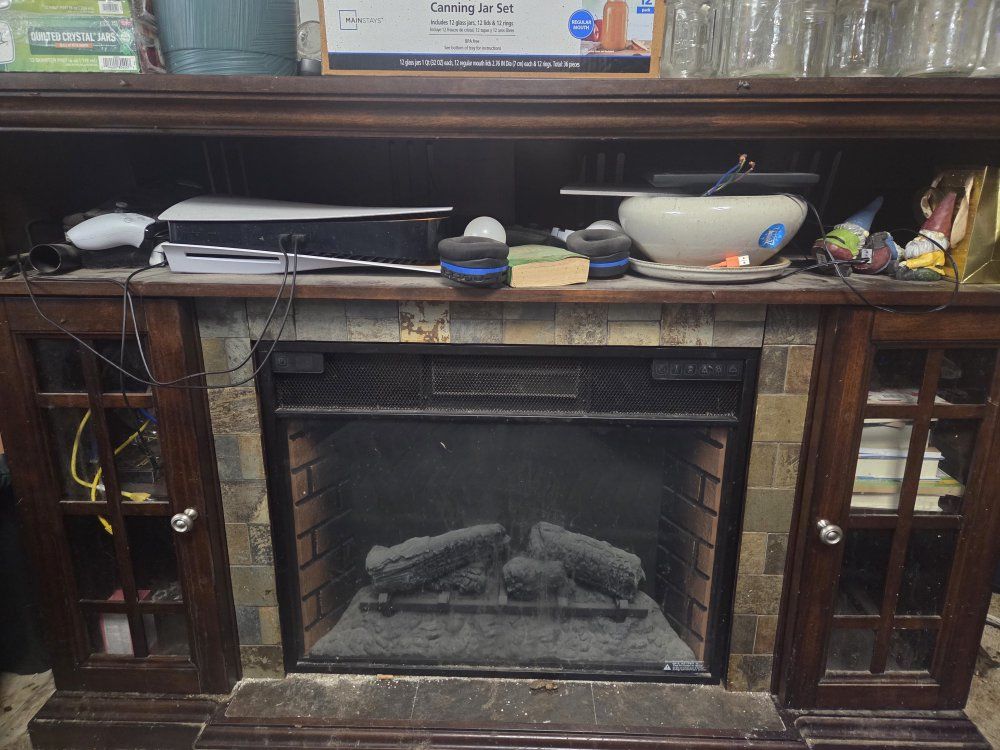 Electric Fireplace Stove with Wooden Mantle and Glass Cabinet Doors